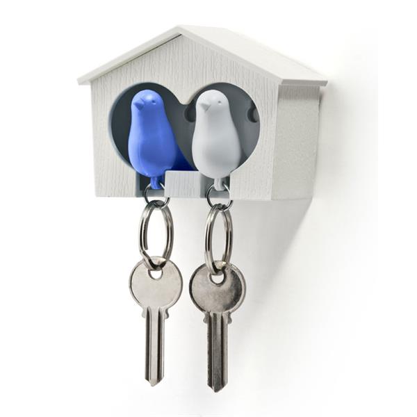 QL10124-WH-WH-BU  QL1241 Nøkkelring, DUO SPARROW, hvit+blå Hvitt hus, Qualy